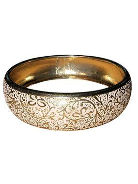 Vintage Gold Tone & Pink Floral Ornate Bracelet Jewelry Etched Embossed